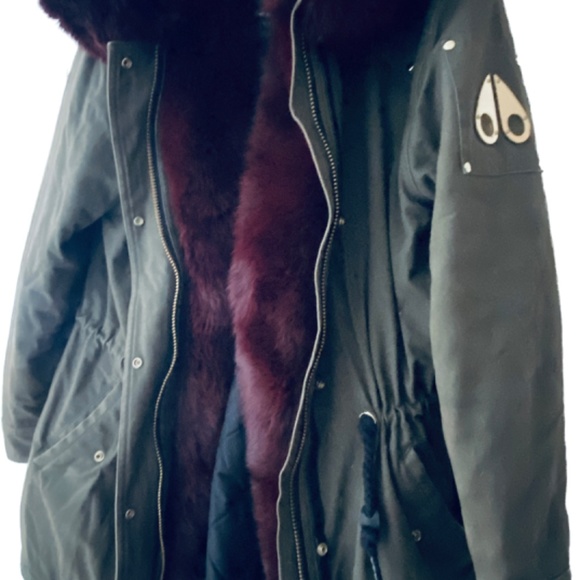 Moose Knuckles Stellar Canvas Oxblood Fur Parka Coat Olive Green Women's XL - Picture 2 of 4